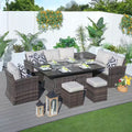 Madison 7-Piece Wicker Patio Conversation Set with Fire Pit Table, Beige Cushions