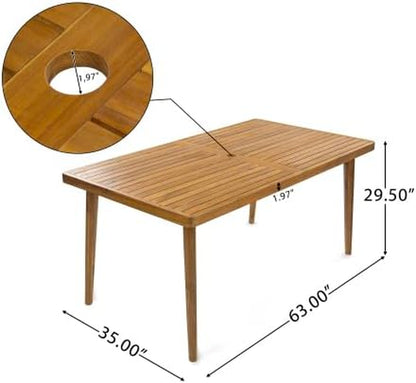 Meja Acacia Wood Outdoor Dining Set for 6, Wooden 7 Piece Patio Dining Table Set, Wooden Outdoor Dining Armchair and Table Set with Cushion, Patio Furniture Set, Teak+Beige