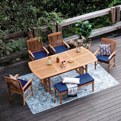 Caterina Teak Wood 6-Piece Outdoor Dining Set with Backless Bench, Navy