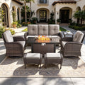 7-Piece Rattan Wicker Patio Furniture Set with Fire Pit Table, Brown Wicker & Beige Cushions