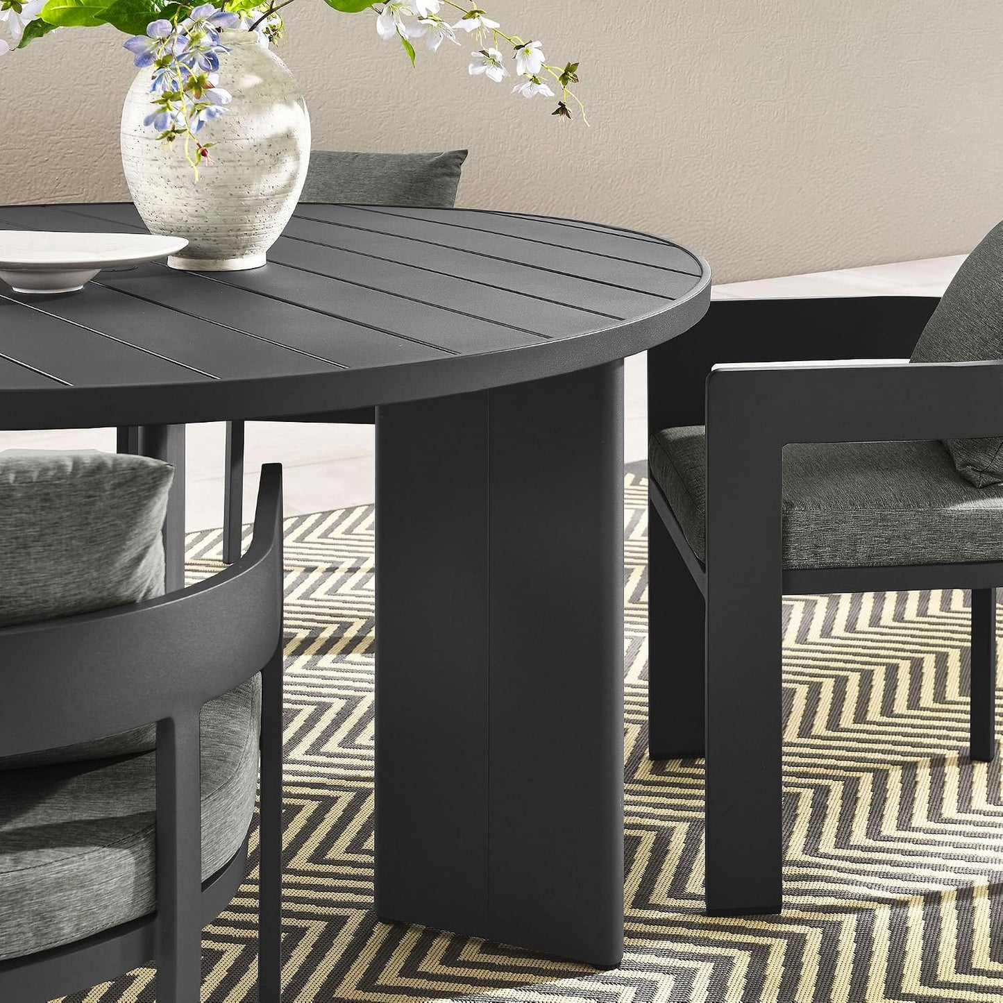 Tahoe Outdoor Patio Powder-Coated Aluminum 5-Piece Dining Set in Gray Gray - round Patio Furniture Set for 4 - outside Table with Umbrella Hole and Cushioned Chairs - Modern Patio Set