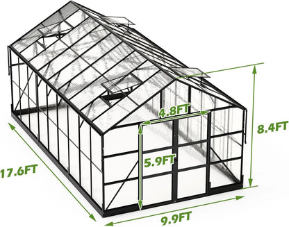 10X18 Ft Polycarbonate Greenhouse with Rain Gutter & 4 Roof Vents, Heavy Duty Aluminum Greenhouse for Outdoor Garden Backyard, Black