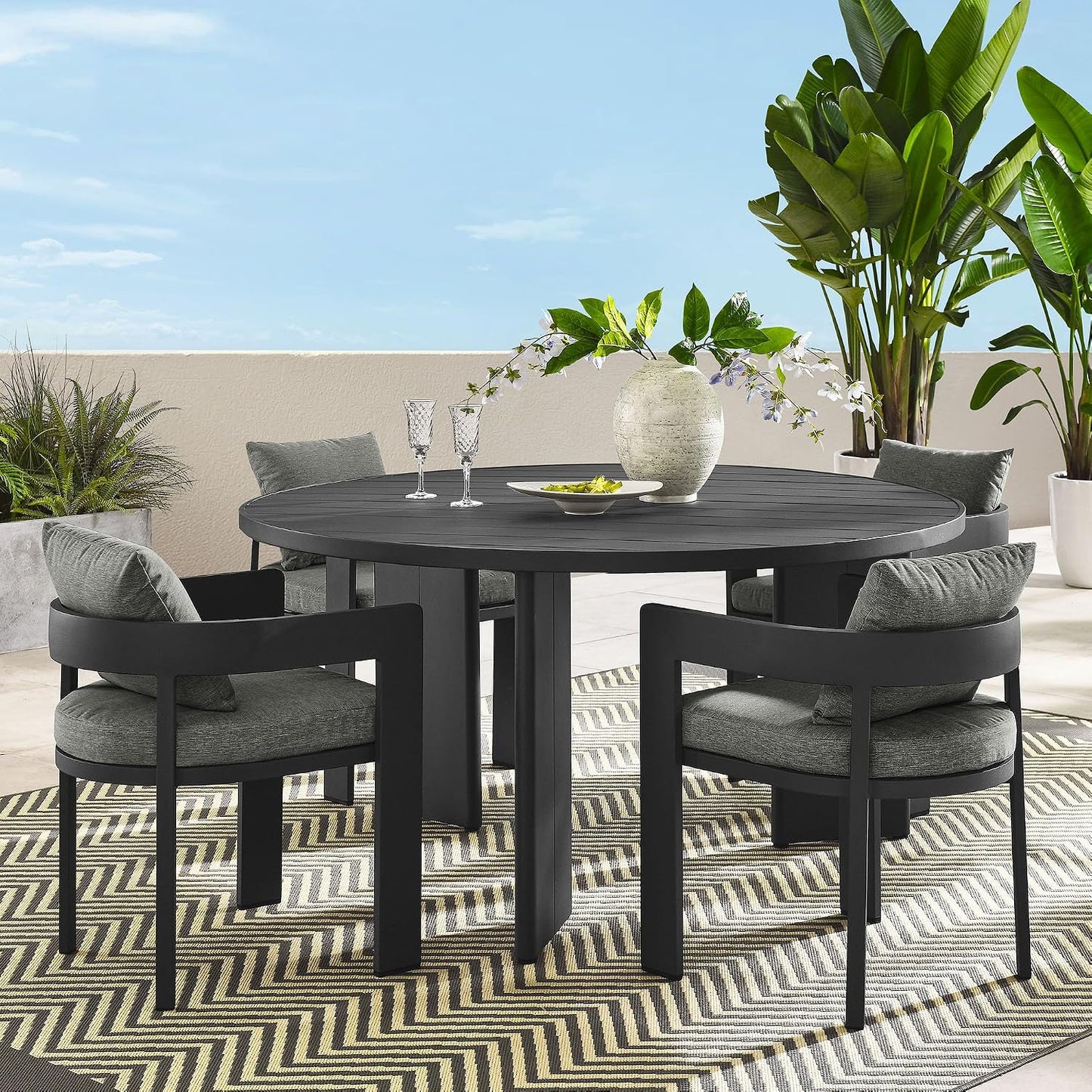 Tahoe Outdoor Patio Powder-Coated Aluminum 5-Piece Dining Set in Gray Gray - round Patio Furniture Set for 4 - outside Table with Umbrella Hole and Cushioned Chairs - Modern Patio Set