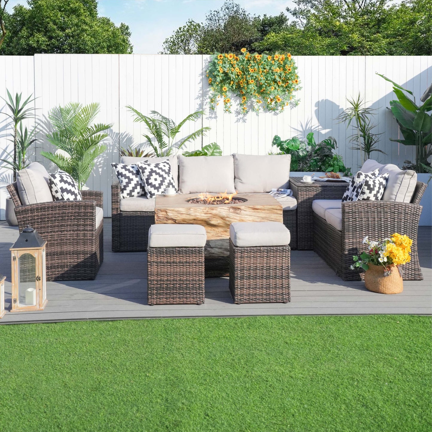 Arthur 7 -Piece Wicker Patio Conversation Set with Tan Cushions Included