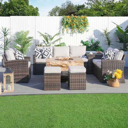 Arthur 7 -Piece Wicker Patio Conversation Set with Tan Cushions Included