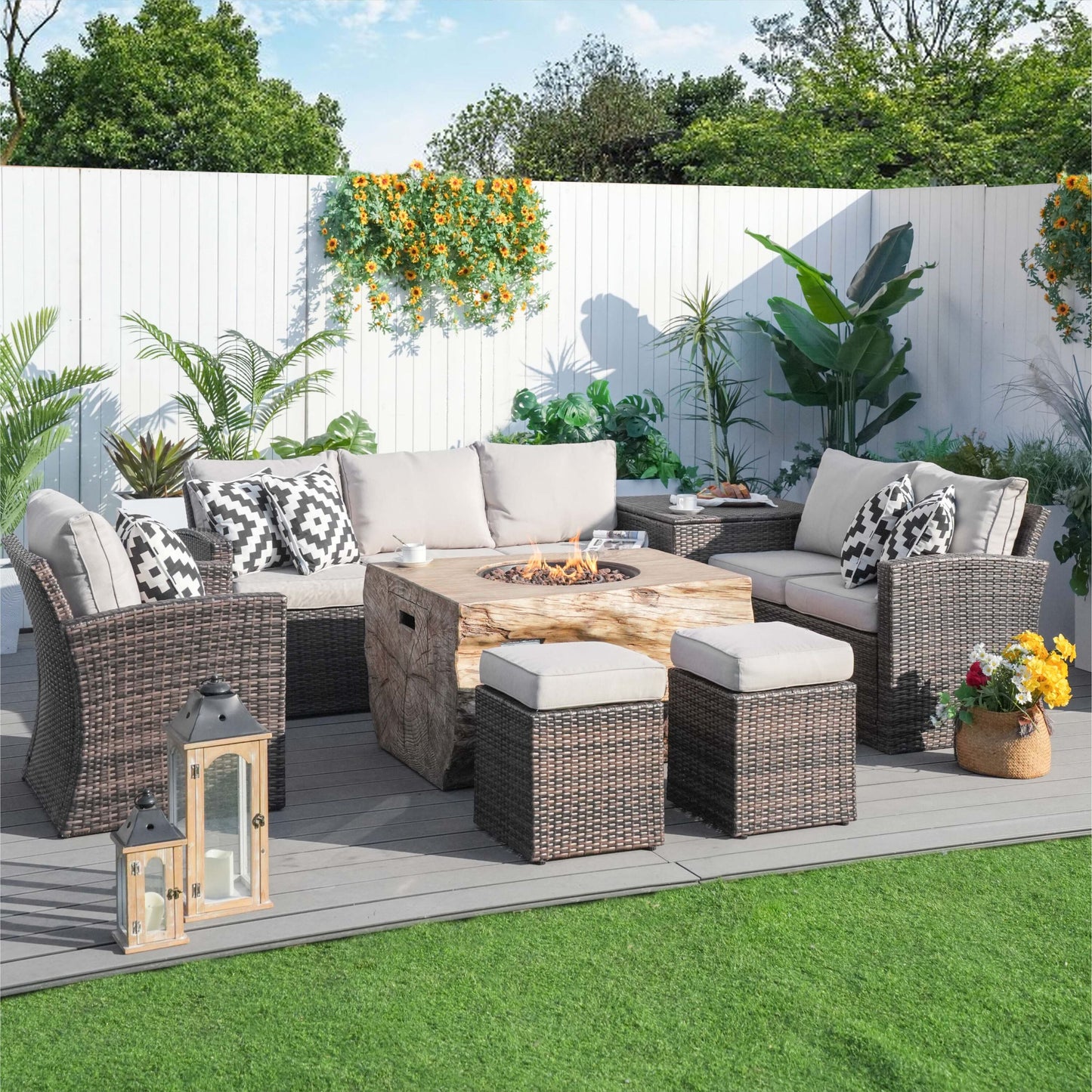 Arthur 7 -Piece Wicker Patio Conversation Set with Tan Cushions Included