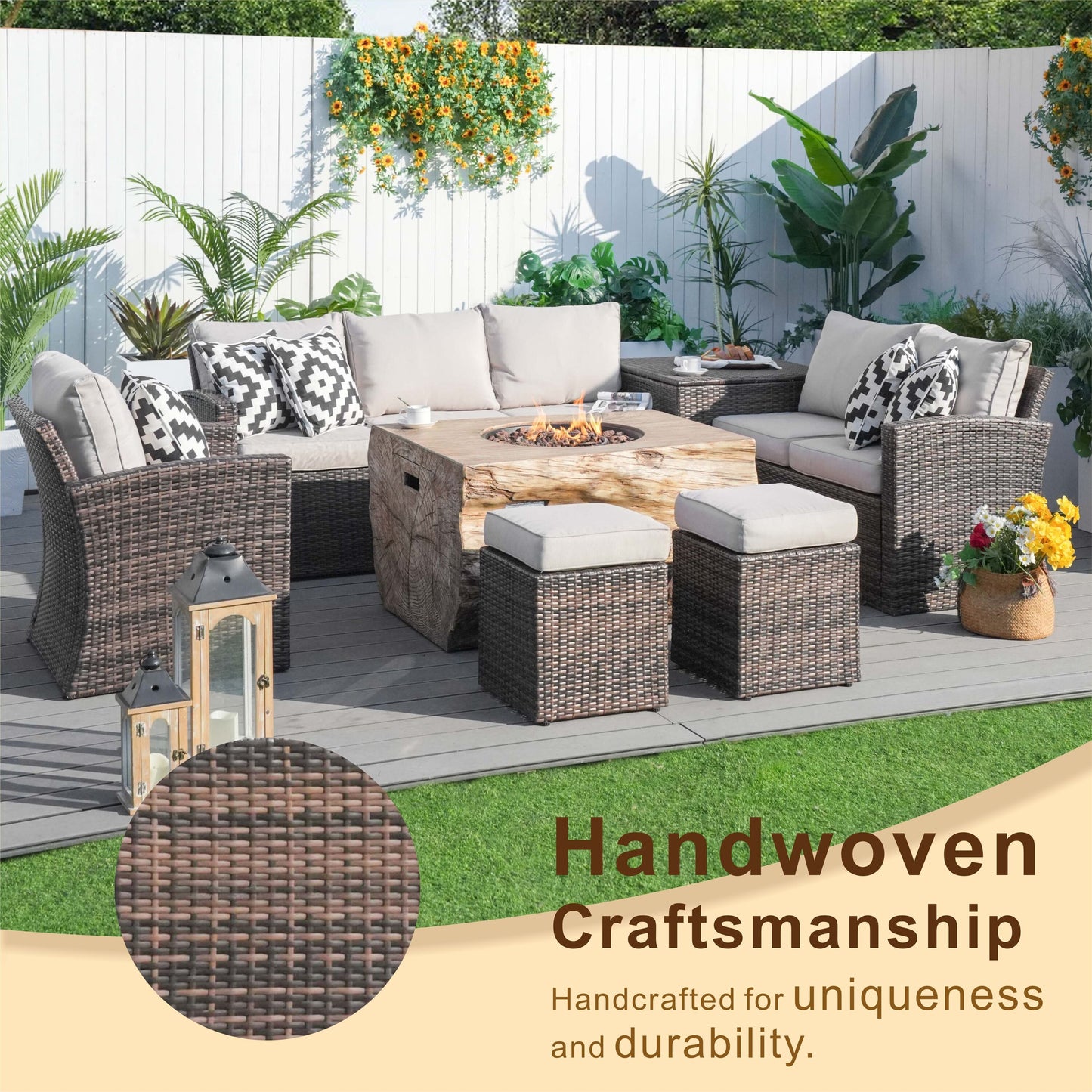 Arthur 7 -Piece Wicker Patio Conversation Set with Tan Cushions Included