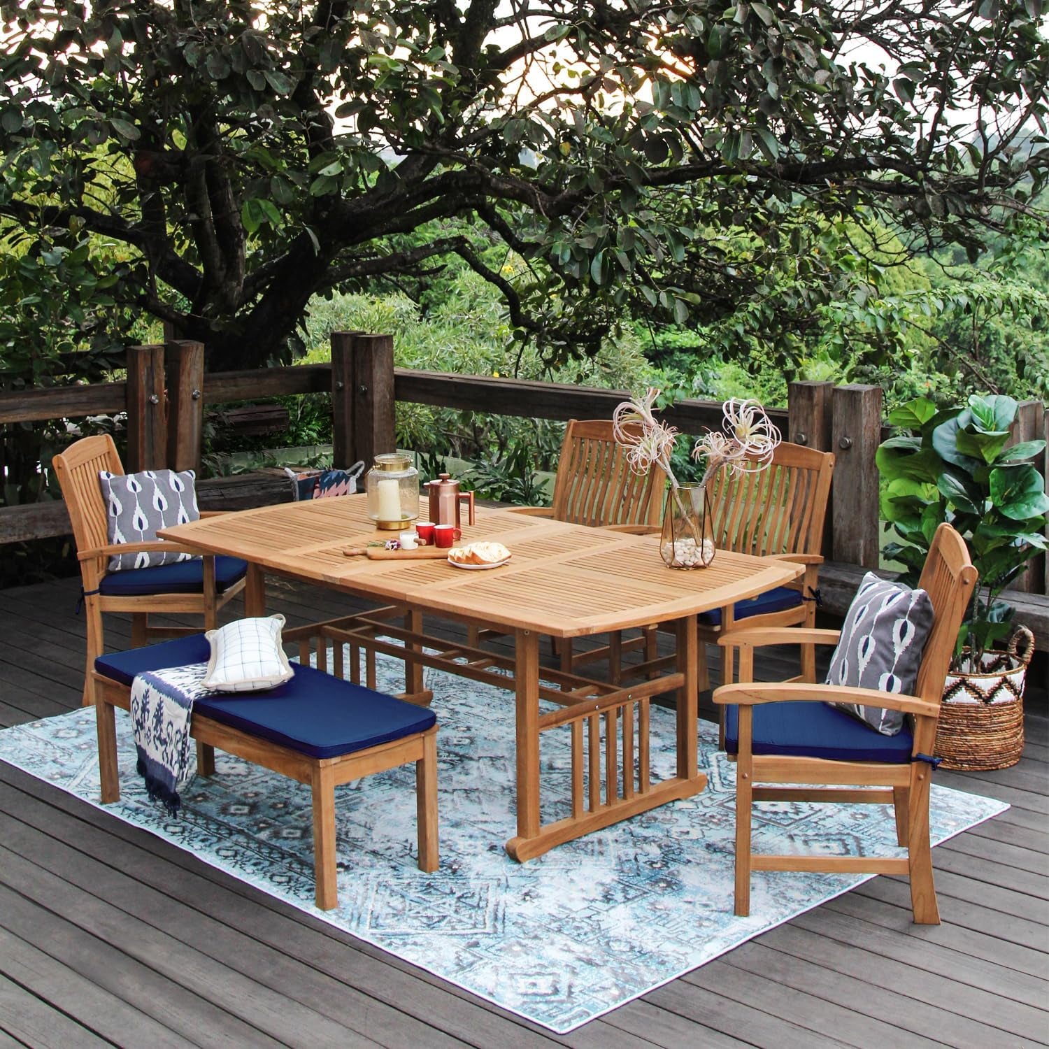 Caterina Teak Wood 6-Piece Outdoor Dining Set with Backless Bench, Navy