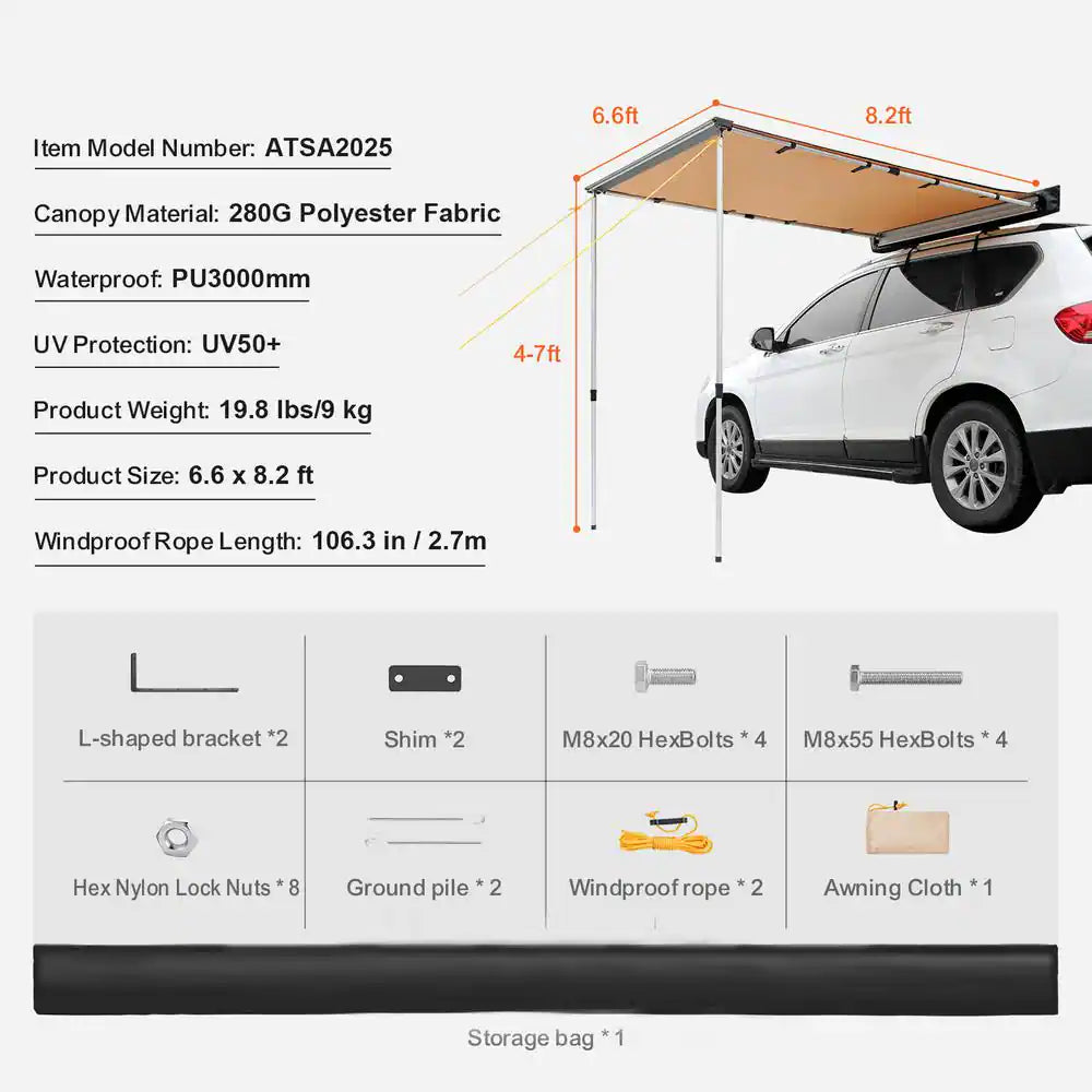 6.6 Ft. X 8.2 Ft. Retractable Car Side Awning PU3000 Mm UV50+ Waterproof Vehicle Awning with Adjustable Height