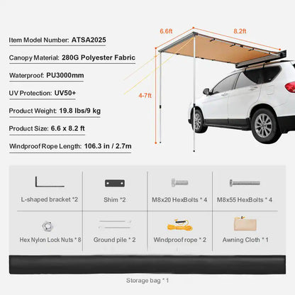 6.6 Ft. X 8.2 Ft. Retractable Car Side Awning PU3000 Mm UV50+ Waterproof Vehicle Awning with Adjustable Height