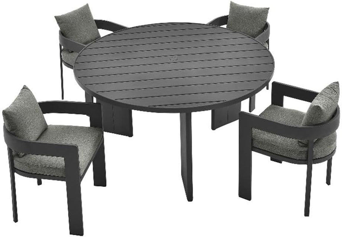 Tahoe Outdoor Patio Powder-Coated Aluminum 5-Piece Dining Set in Gray Gray - round Patio Furniture Set for 4 - outside Table with Umbrella Hole and Cushioned Chairs - Modern Patio Set