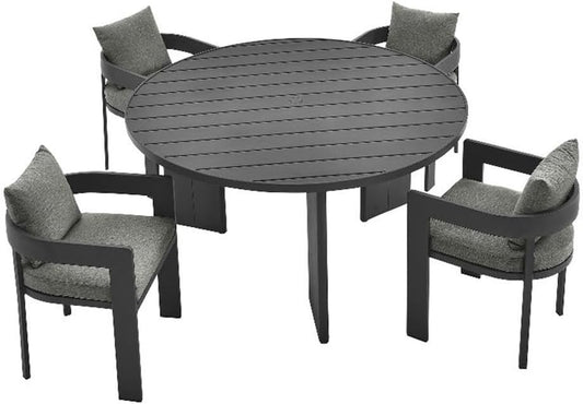 Tahoe Outdoor Patio Powder-Coated Aluminum 5-Piece Dining Set in Gray Gray - round Patio Furniture Set for 4 - outside Table with Umbrella Hole and Cushioned Chairs - Modern Patio Set