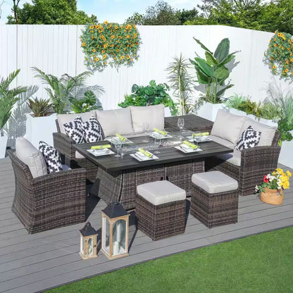 Madison 7-Piece Wicker Patio Fire Pit Conversation Sofa Set with Beige Cushions