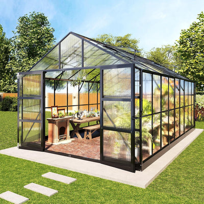 10' x 18' x 8.4' Polycarbonate Aluminum Greenhouse with 4 Roof Vents & Rain Gutter, Black