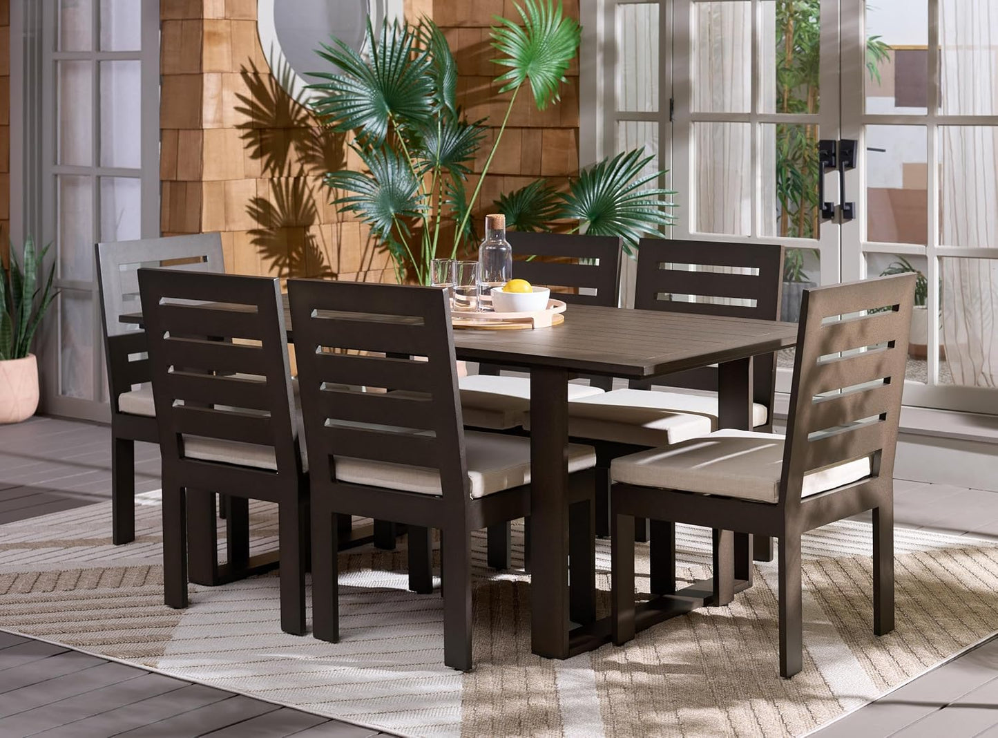 SAFAVIEH Outdoor - Fash 7 Piece Outdoor Dining Set - Brown & Taupe Aluminum Frame - Modern Design with Removable Cushions - Ideal for Patio, Deck, Porch, Dining Area (PAT9523B-KIT4)