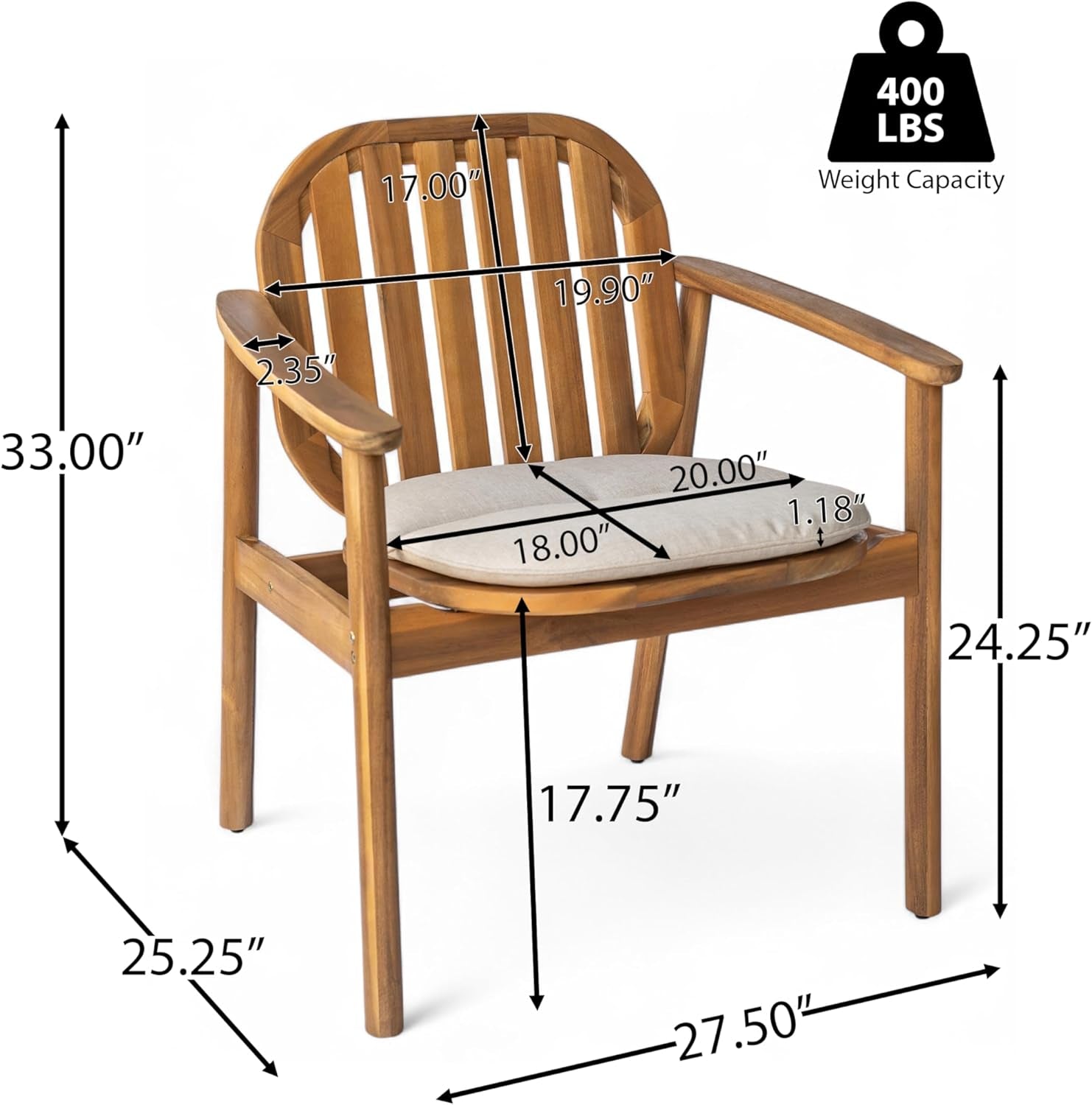Meja Acacia Wood Outdoor Dining Set for 6, Wooden 7 Piece Patio Dining Table Set, Wooden Outdoor Dining Armchair and Table Set with Cushion, Patio Furniture Set, Teak+Beige