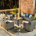 Lovall Rattan Wicker 7 - Person Patio Furniture Set with Fire Pit and Cushions