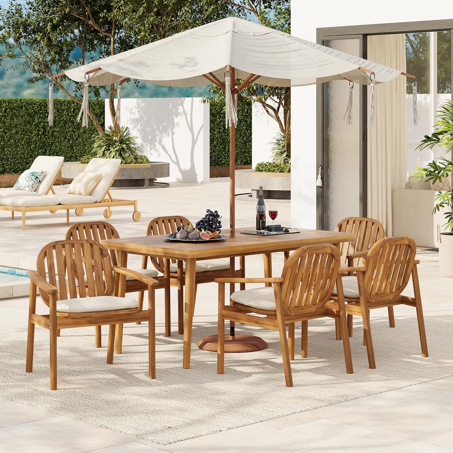 Meja Acacia Wood Outdoor Dining Set for 6, Wooden 7 Piece Patio Dining Table Set, Wooden Outdoor Dining Armchair and Table Set with Cushion, Patio Furniture Set, Teak+Beige