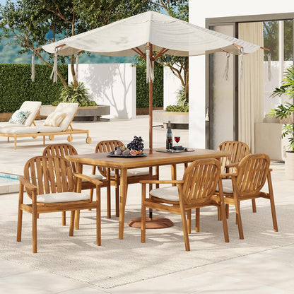 Meja Acacia Wood Outdoor Dining Set for 6, Wooden 7 Piece Patio Dining Table Set, Wooden Outdoor Dining Armchair and Table Set with Cushion, Patio Furniture Set, Teak+Beige