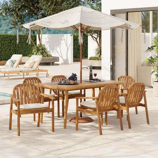 Meja Acacia Wood Outdoor Dining Set for 6, Wooden 7 Piece Patio Dining Table Set, Wooden Outdoor Dining Armchair and Table Set with Cushion, Patio Furniture Set, Teak+Beige