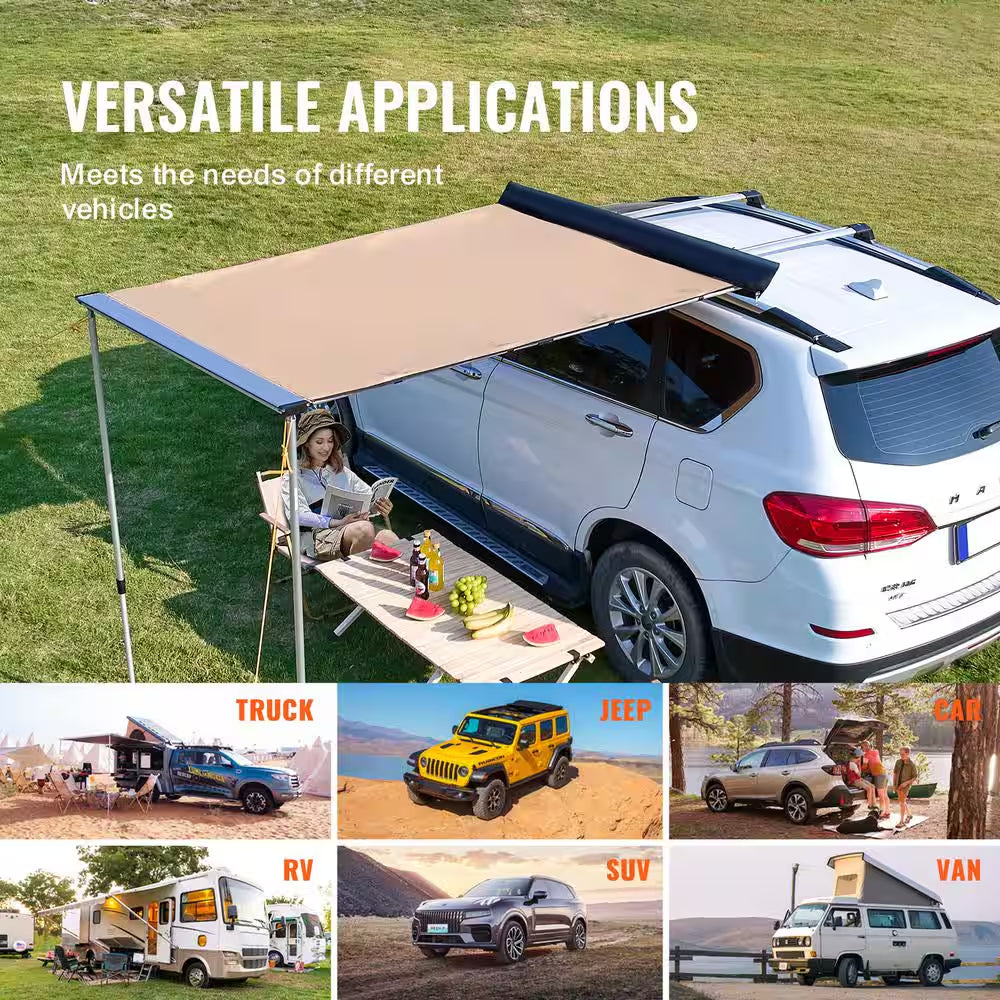 6.6 Ft. X 8.2 Ft. Retractable Car Side Awning PU3000 Mm UV50+ Waterproof Vehicle Awning with Adjustable Height
