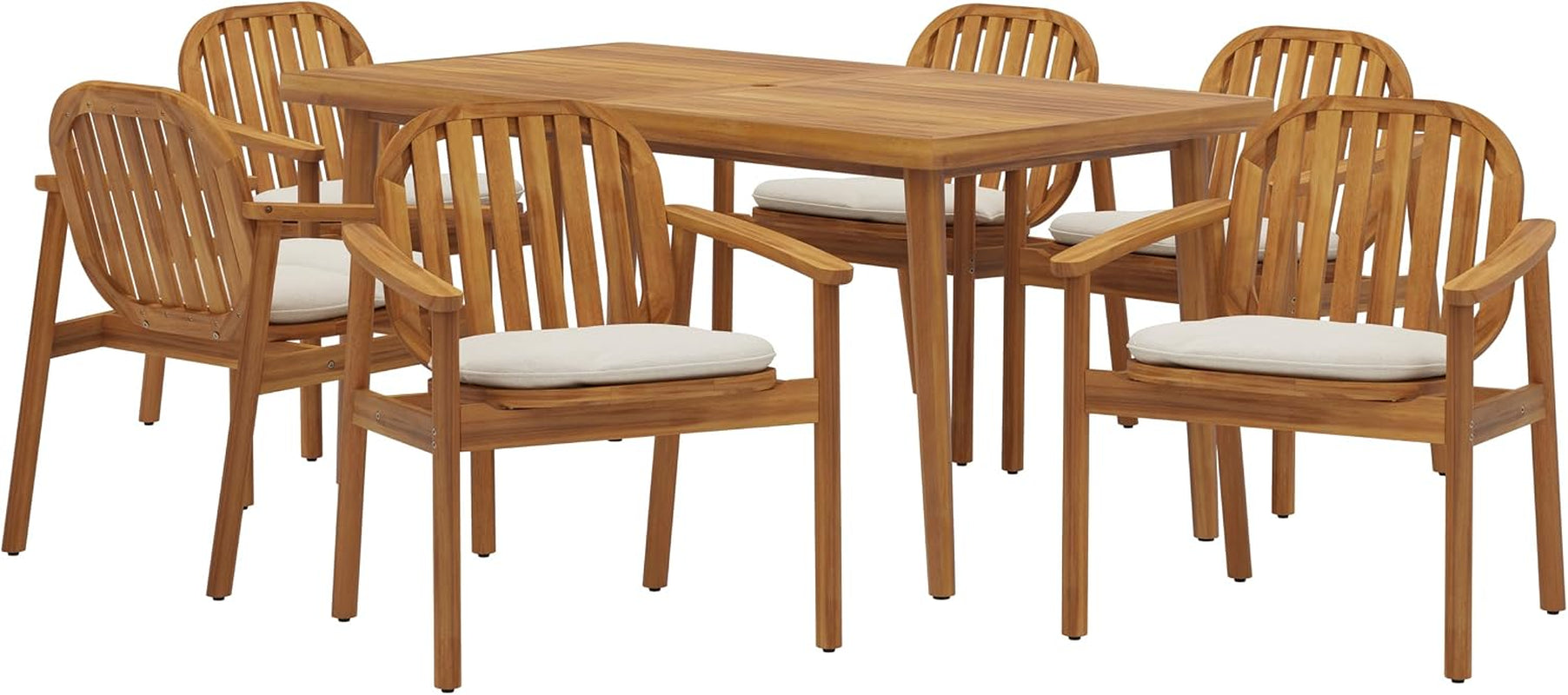 Meja Acacia Wood Outdoor Dining Set for 6, Wooden 7 Piece Patio Dining Table Set, Wooden Outdoor Dining Armchair and Table Set with Cushion, Patio Furniture Set, Teak+Beige