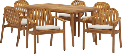 Meja Acacia Wood Outdoor Dining Set for 6, Wooden 7 Piece Patio Dining Table Set, Wooden Outdoor Dining Armchair and Table Set with Cushion, Patio Furniture Set, Teak+Beige