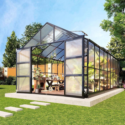 10' x 18' Polycarbonate Aluminum Greenhouse with Rain Gutter & 4 Roof Vents, Black