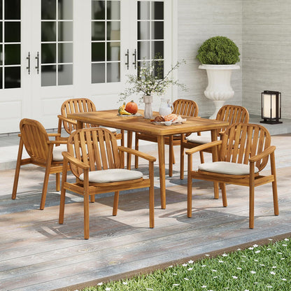 Meja Acacia Wood Outdoor Dining Set for 6, Wooden 7 Piece Patio Dining Table Set, Wooden Outdoor Dining Armchair and Table Set with Cushion, Patio Furniture Set, Teak+Beige