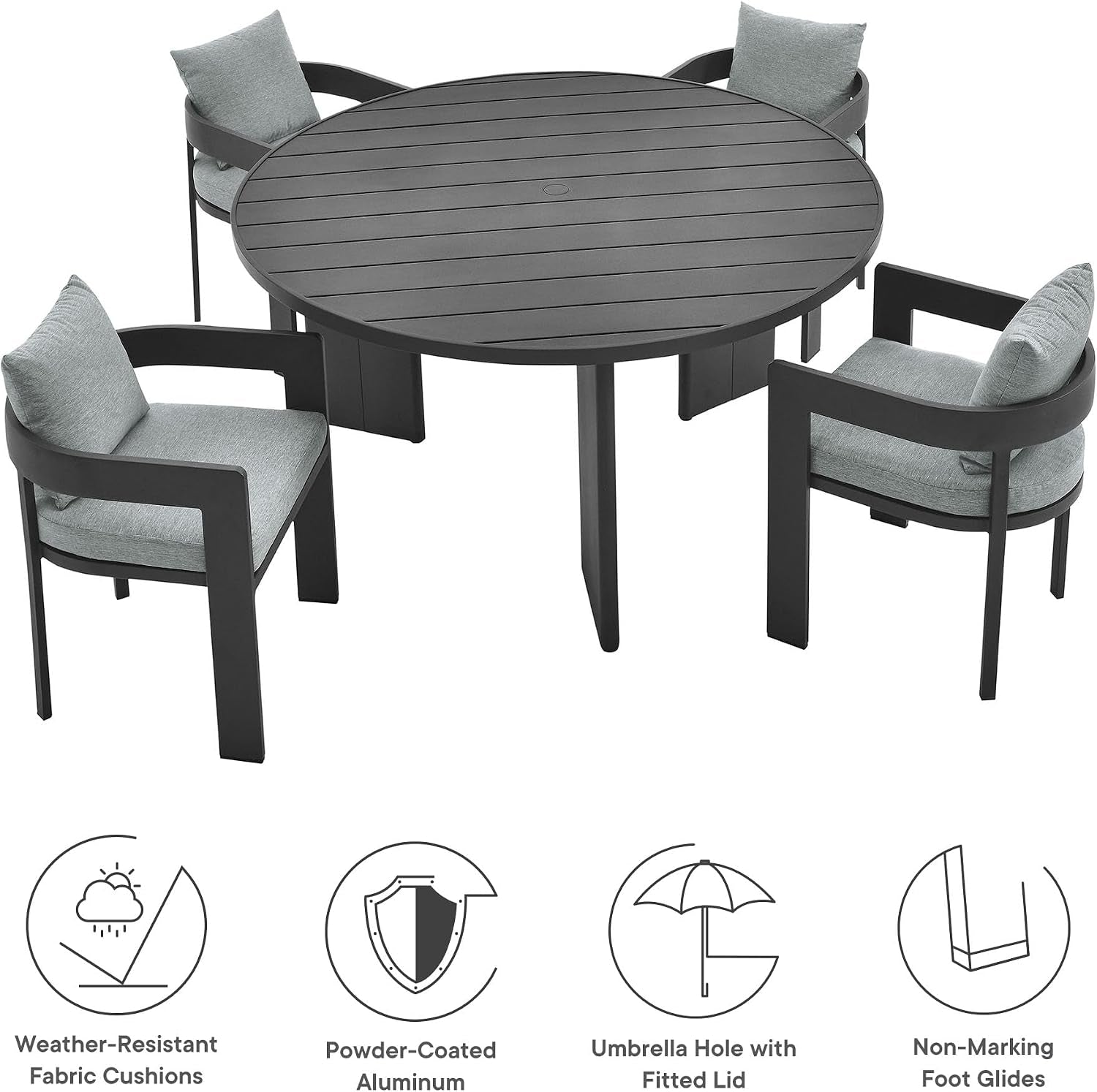 Tahoe Outdoor Patio Powder-Coated Aluminum 5-Piece Dining Set in Gray Gray - round Patio Furniture Set for 4 - outside Table with Umbrella Hole and Cushioned Chairs - Modern Patio Set