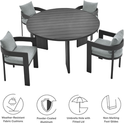 Tahoe Outdoor Patio Powder-Coated Aluminum 5-Piece Dining Set in Gray Gray - round Patio Furniture Set for 4 - outside Table with Umbrella Hole and Cushioned Chairs - Modern Patio Set