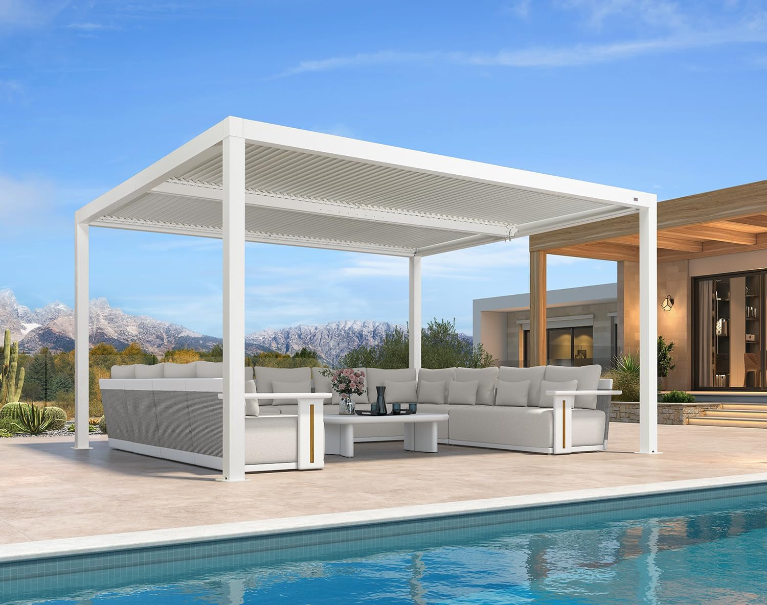 Outdoor Louvered Pergola 12' X 14' White Aluminum Pergola Modern Shade Gazebo with 2 Independently Adjustable Rainproof Hardtop for Patio Garden Yard
